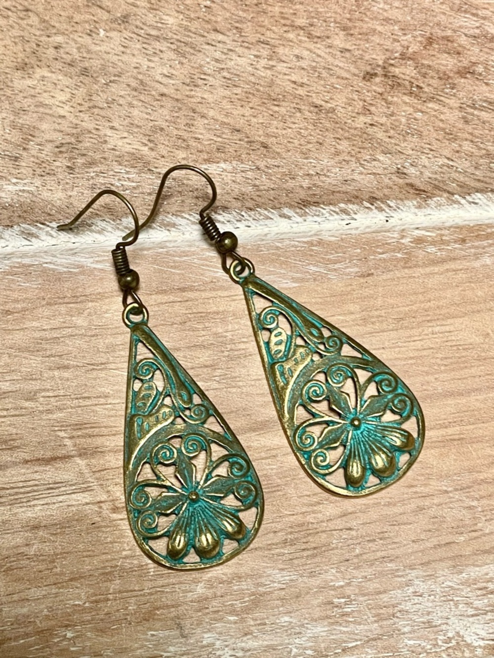 Copper Teardrop Filigree Earrings with Turquoise Patina